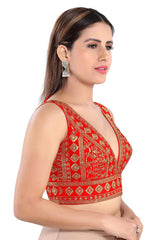 Red Art Silk Embroidered Sleeveless Blouse