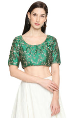 Green Mulbury Silk Embroidered Short Sleeves Blouse