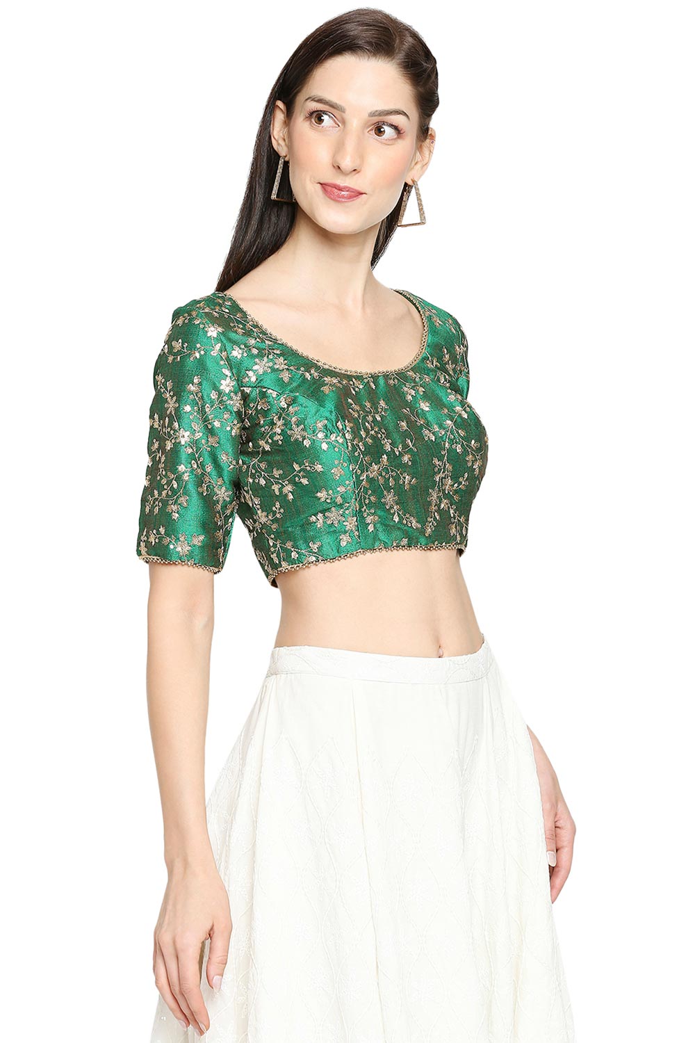 Green Mulbury Silk Embroidered Short Sleeves Blouse