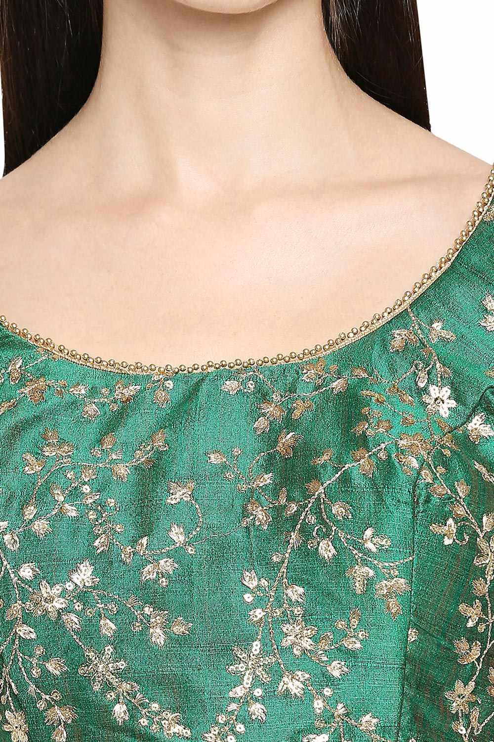 Green Mulbury Silk Embroidered Short Sleeves Blouse