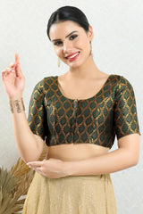 Green Brocade Woven Design Short Sleeves Blouse