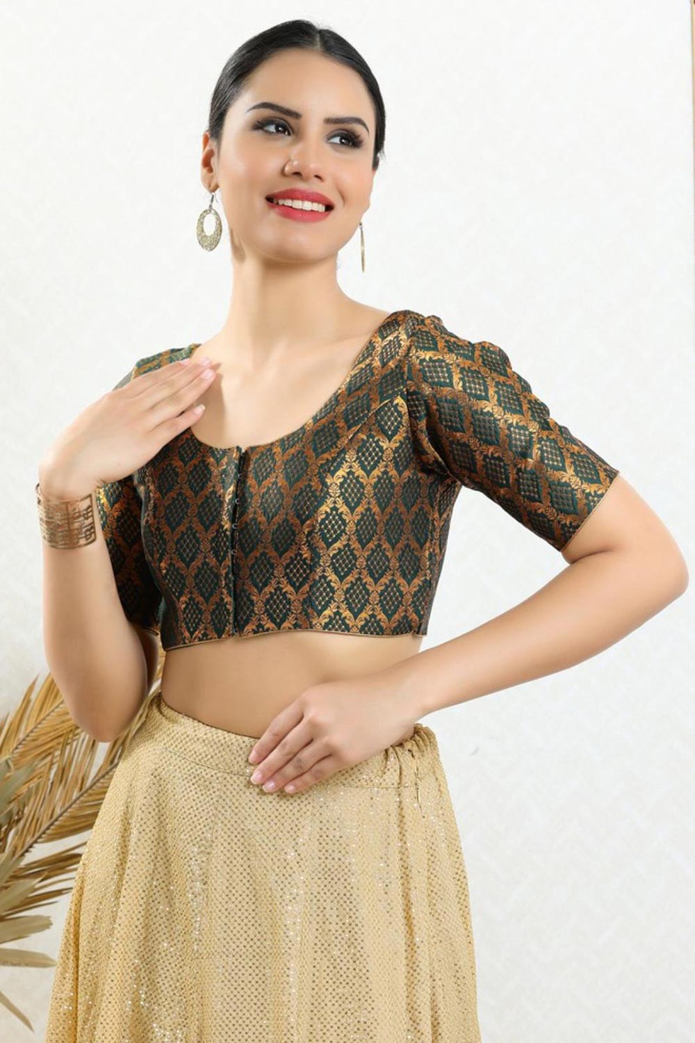 Green Brocade Woven Design Short Sleeves Blouse