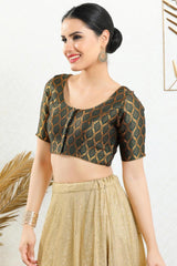 Green Brocade Woven Design Short Sleeves Blouse