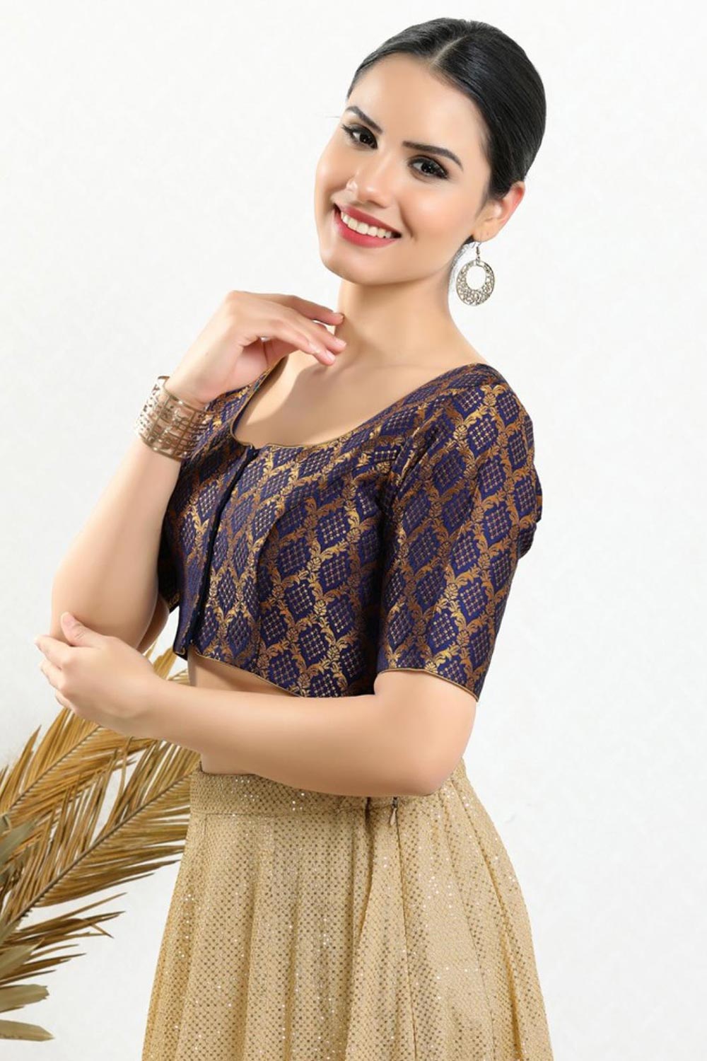 Navy Blue Brocade Woven Design Short Sleeves Blouse