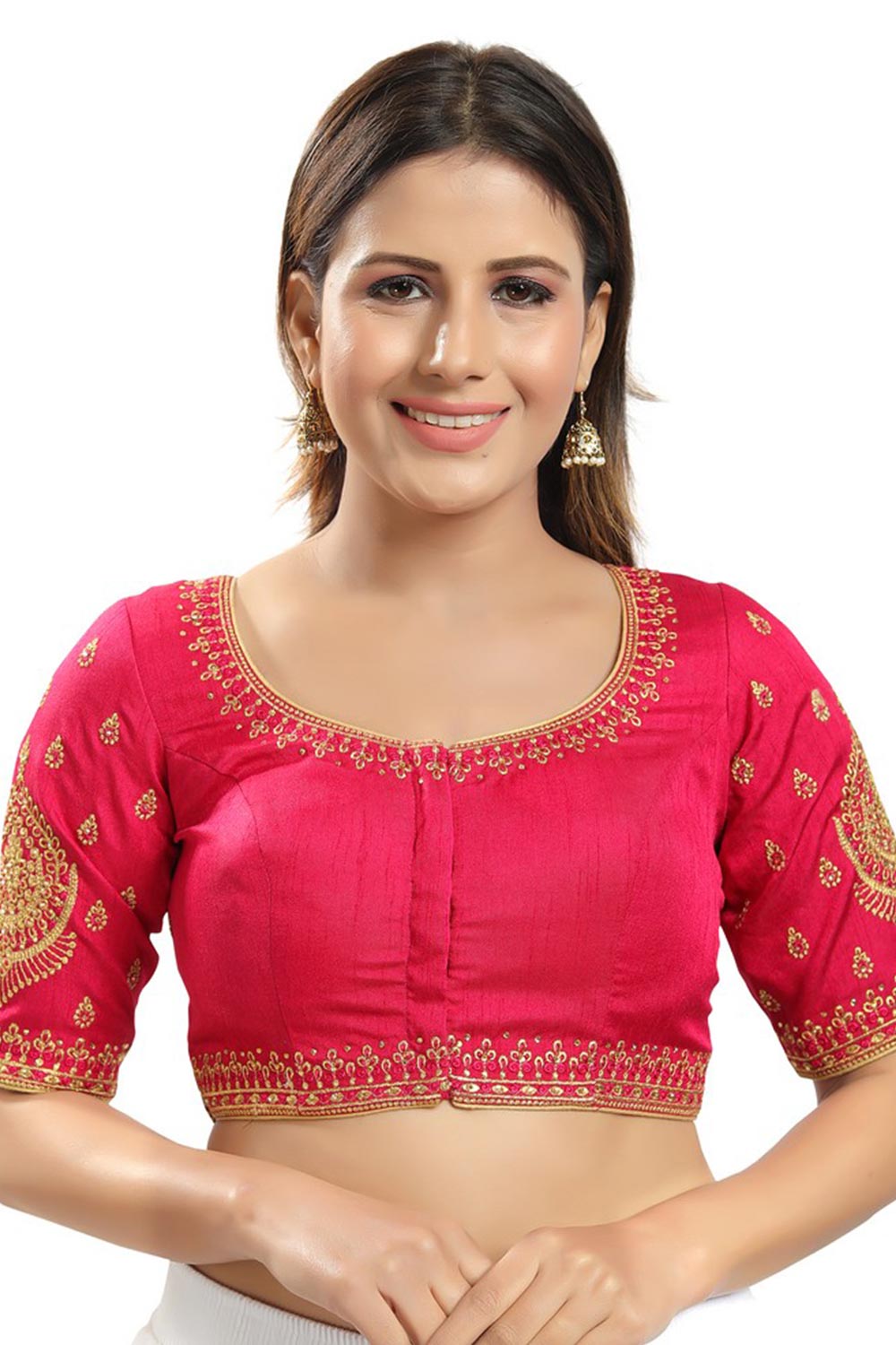 Pinkish Maroon Jain Silk Embroidered Short Sleeves Blouse