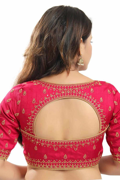 Pinkish Maroon Jain Silk Embroidered Short Sleeves Blouse