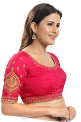 Pinkish Maroon Jain Silk Embroidered Short Sleeves Blouse