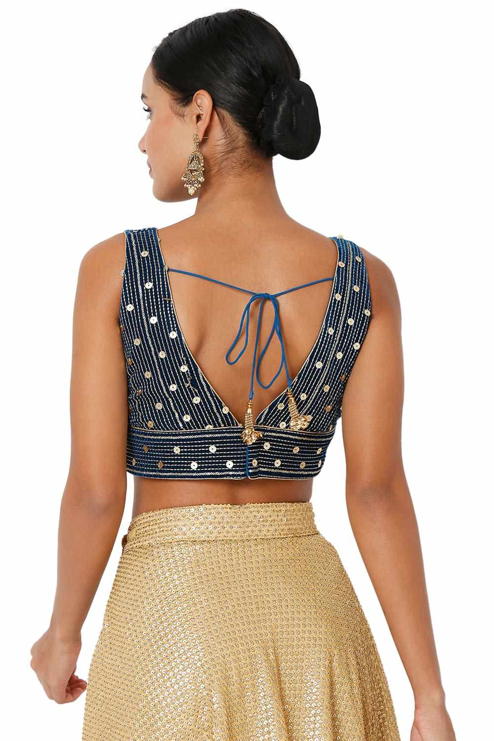 Blue Velvet Embroidered Sleeveless Blouse