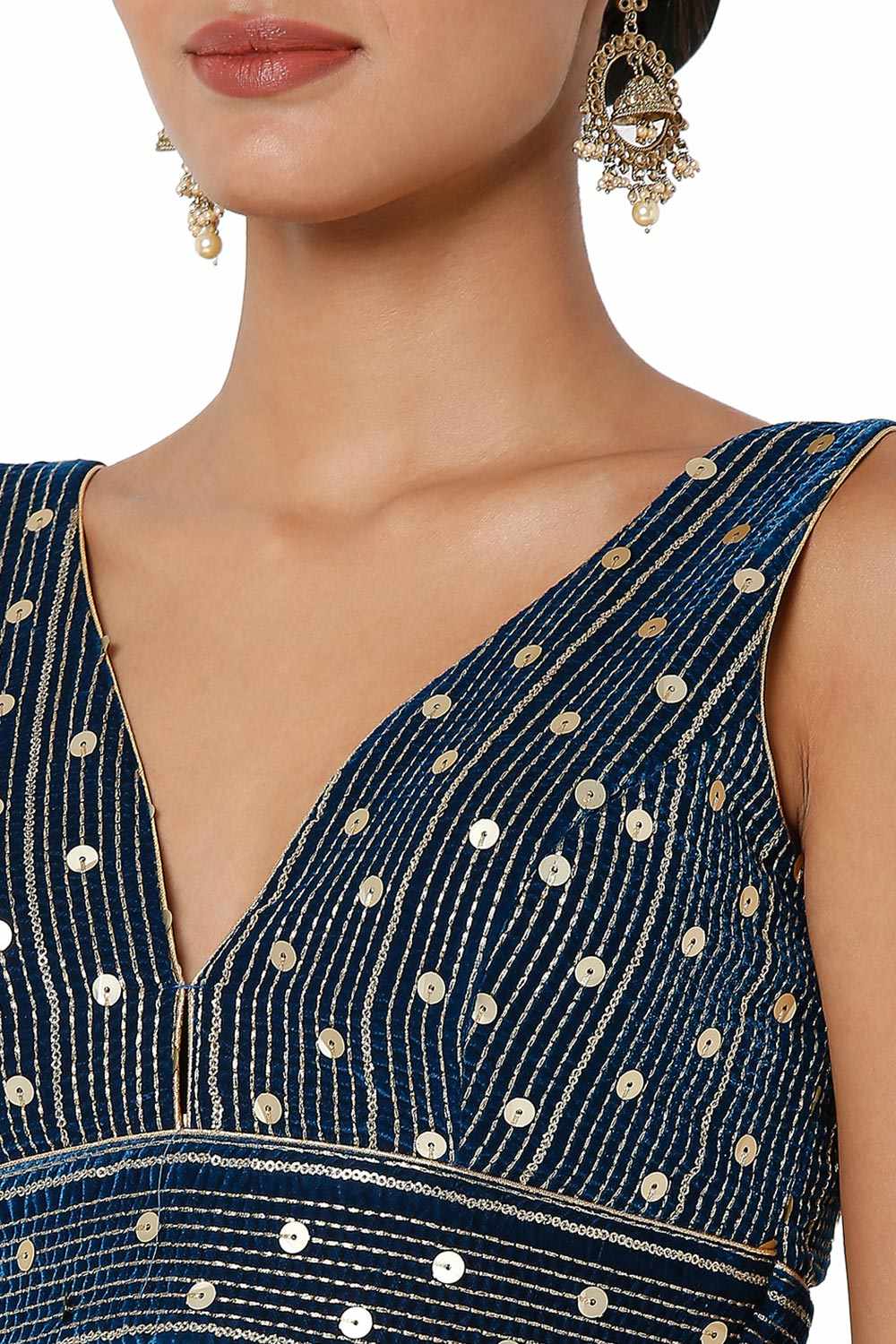 Blue Velvet Embroidered Sleeveless Blouse