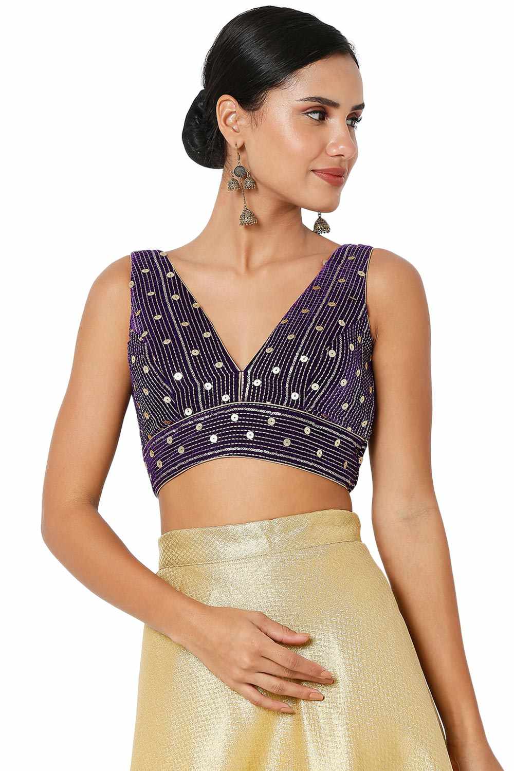 Brinjal Velvet Embroidered Sleeveless Blouse