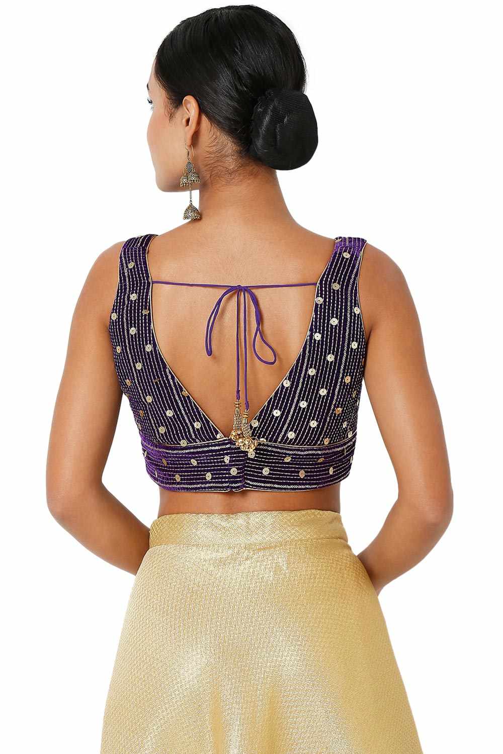 Brinjal Velvet Embroidered Sleeveless Blouse