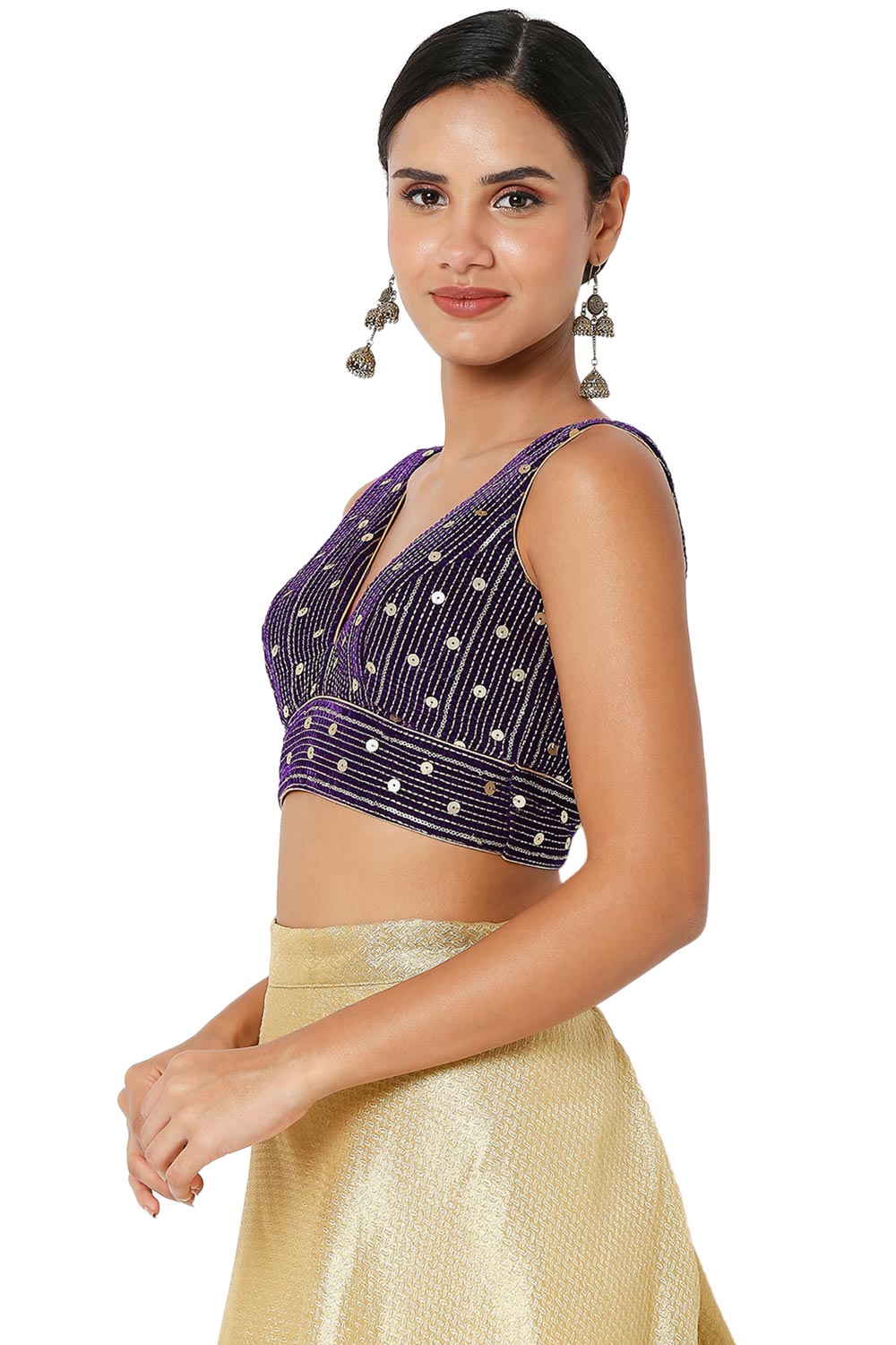 Brinjal Velvet Embroidered Sleeveless Blouse