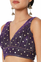 Brinjal Velvet Embroidered Sleeveless Blouse