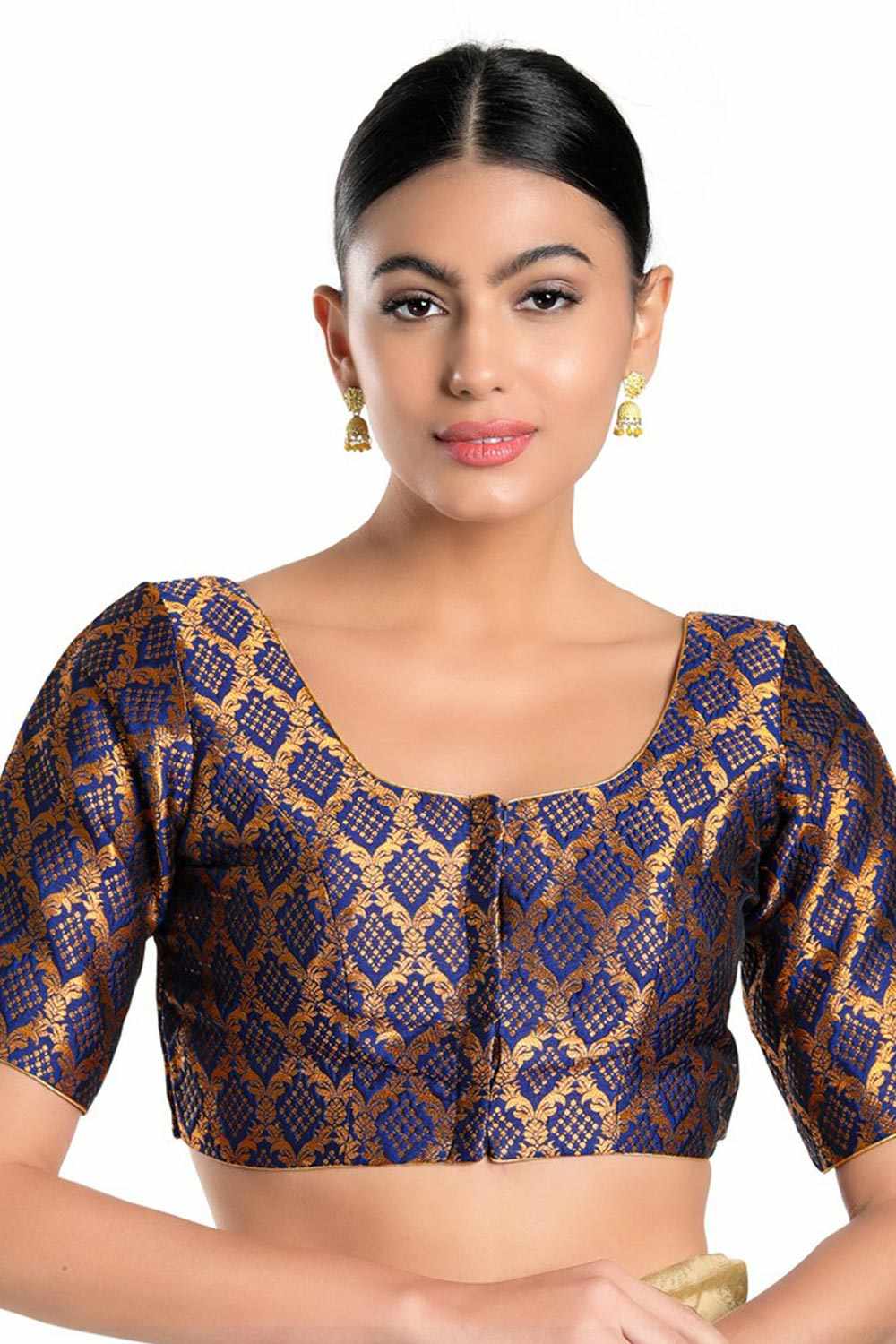 Navy Blue Brocade Woven Design Short Sleeves Blouse