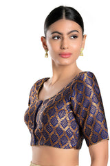 Navy Blue Brocade Woven Design Short Sleeves Blouse