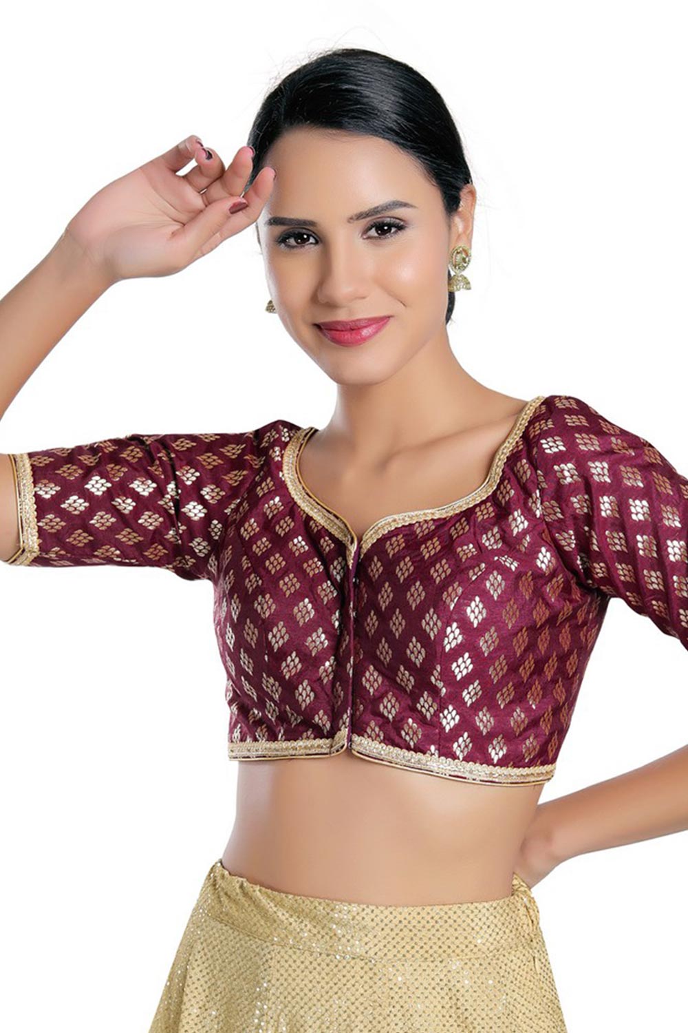 Wine Chanderi Brocade Woven Design Short Sleeves Blouse