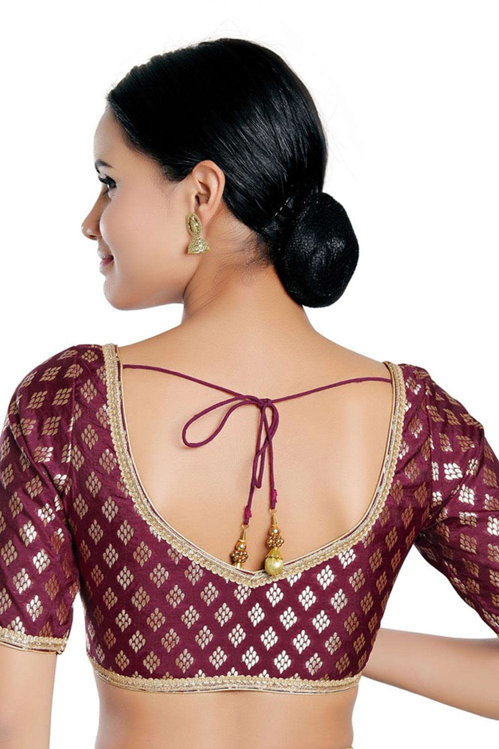 Wine Chanderi Brocade Woven Design Short Sleeves Blouse