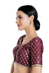 Wine Chanderi Brocade Woven Design Short Sleeves Blouse