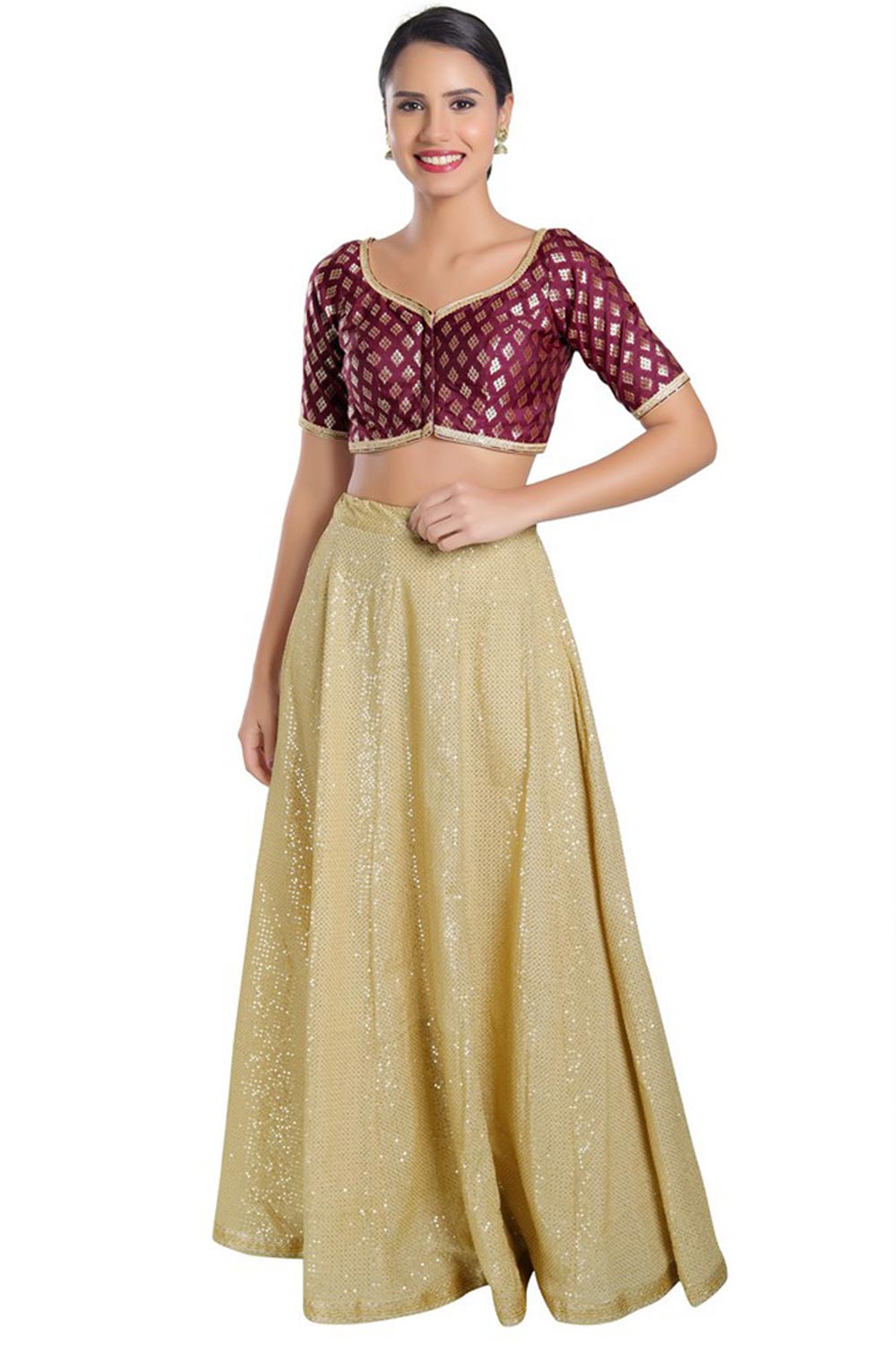 Wine Chanderi Brocade Woven Design Short Sleeves Blouse