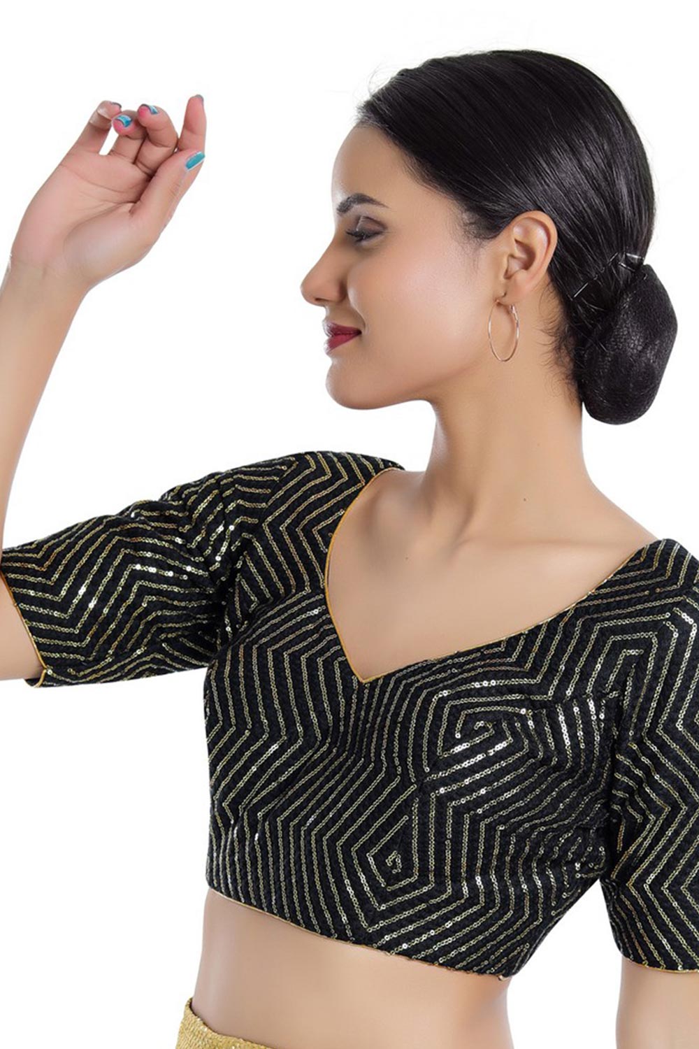 Black Silk Embroidered Short Sleeves Blouse