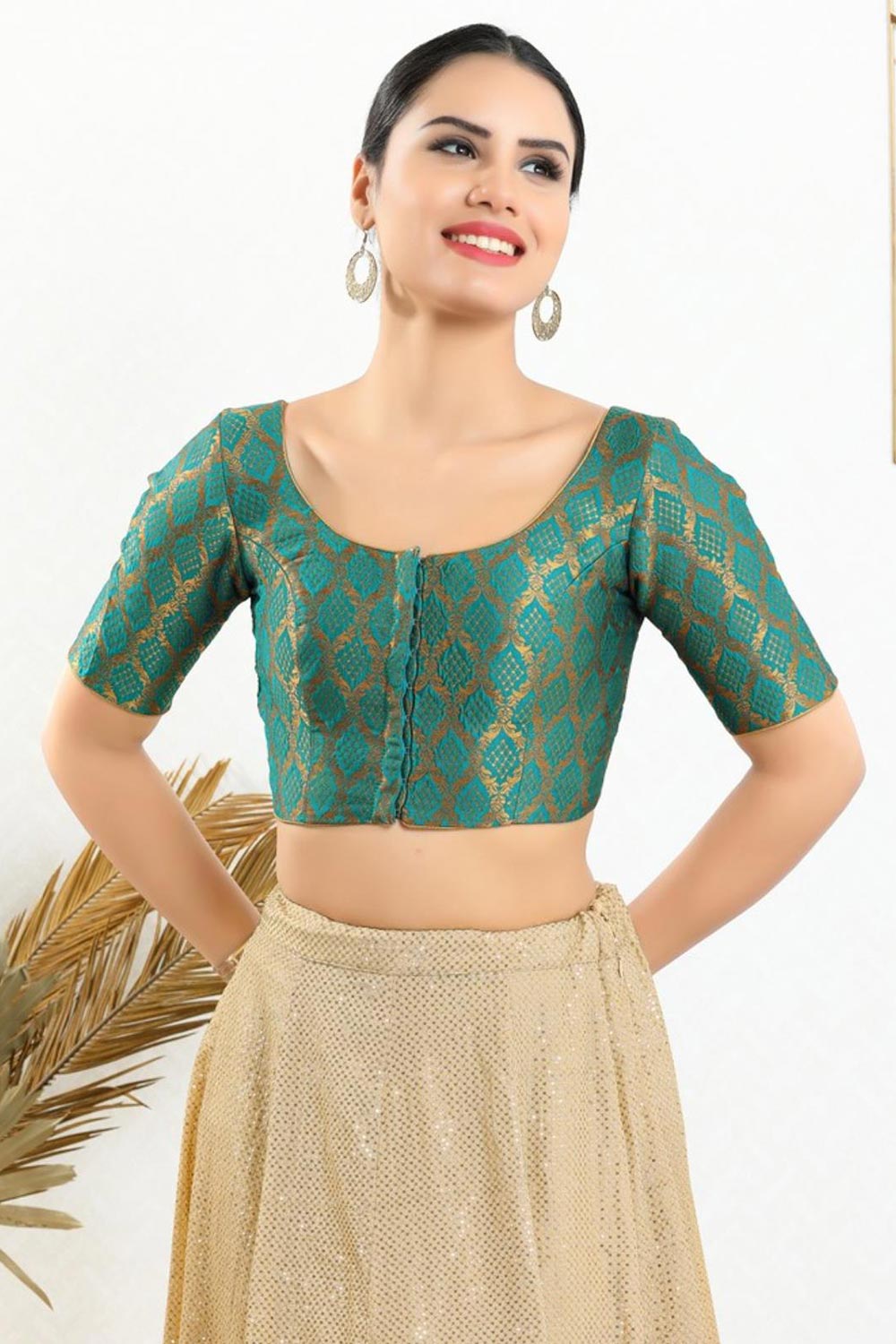 Teal Green Brocade Woven Design Short Sleeves Blouse