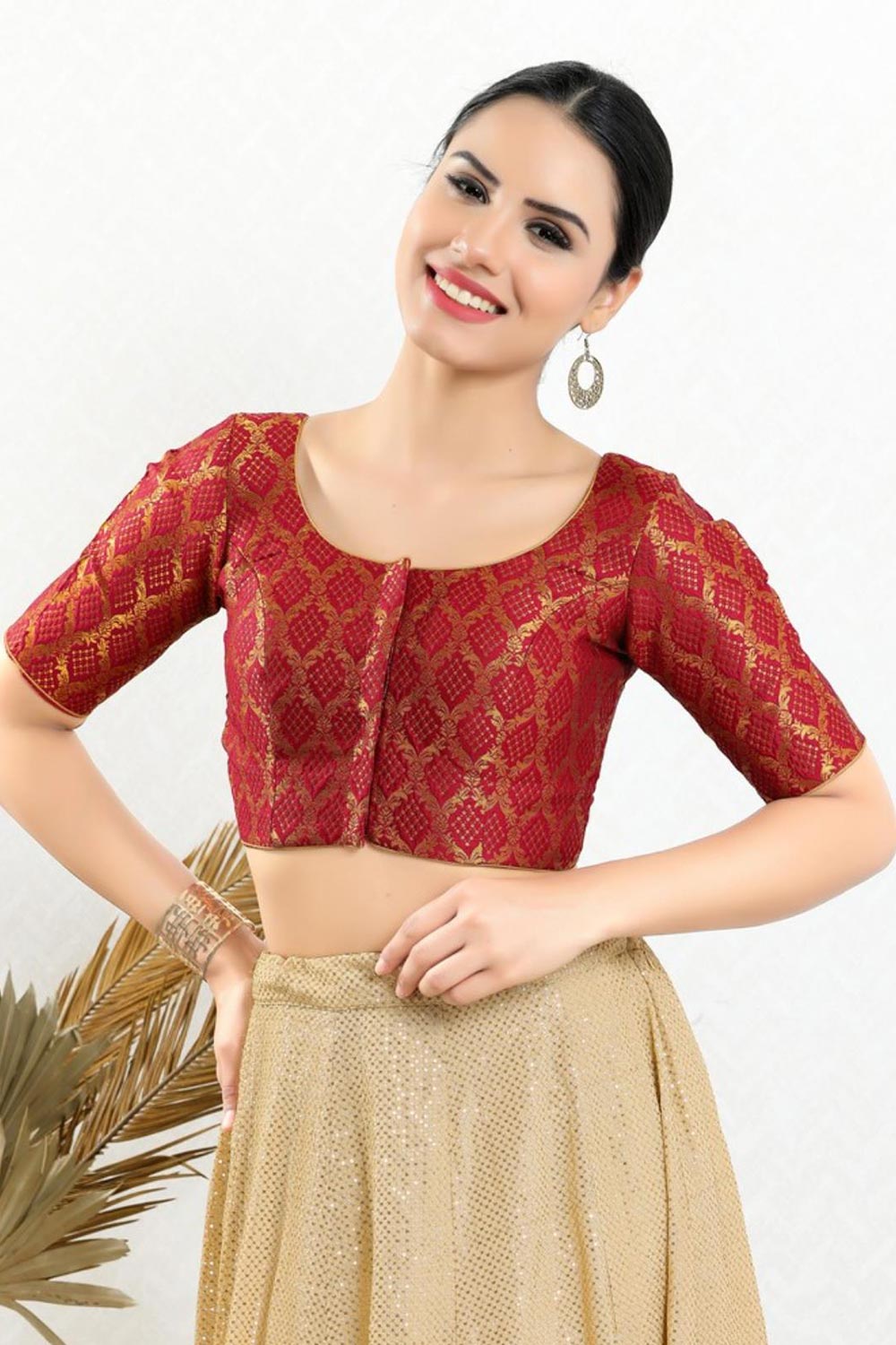 Red Brocade Woven Design Short Sleeves Blouse