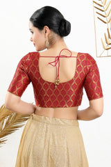 Red Brocade Woven Design Short Sleeves Blouse