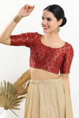 Red Brocade Woven Design Short Sleeves Blouse