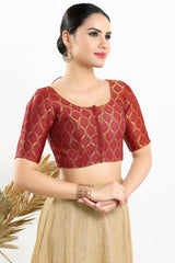 Red Brocade Woven Design Short Sleeves Blouse