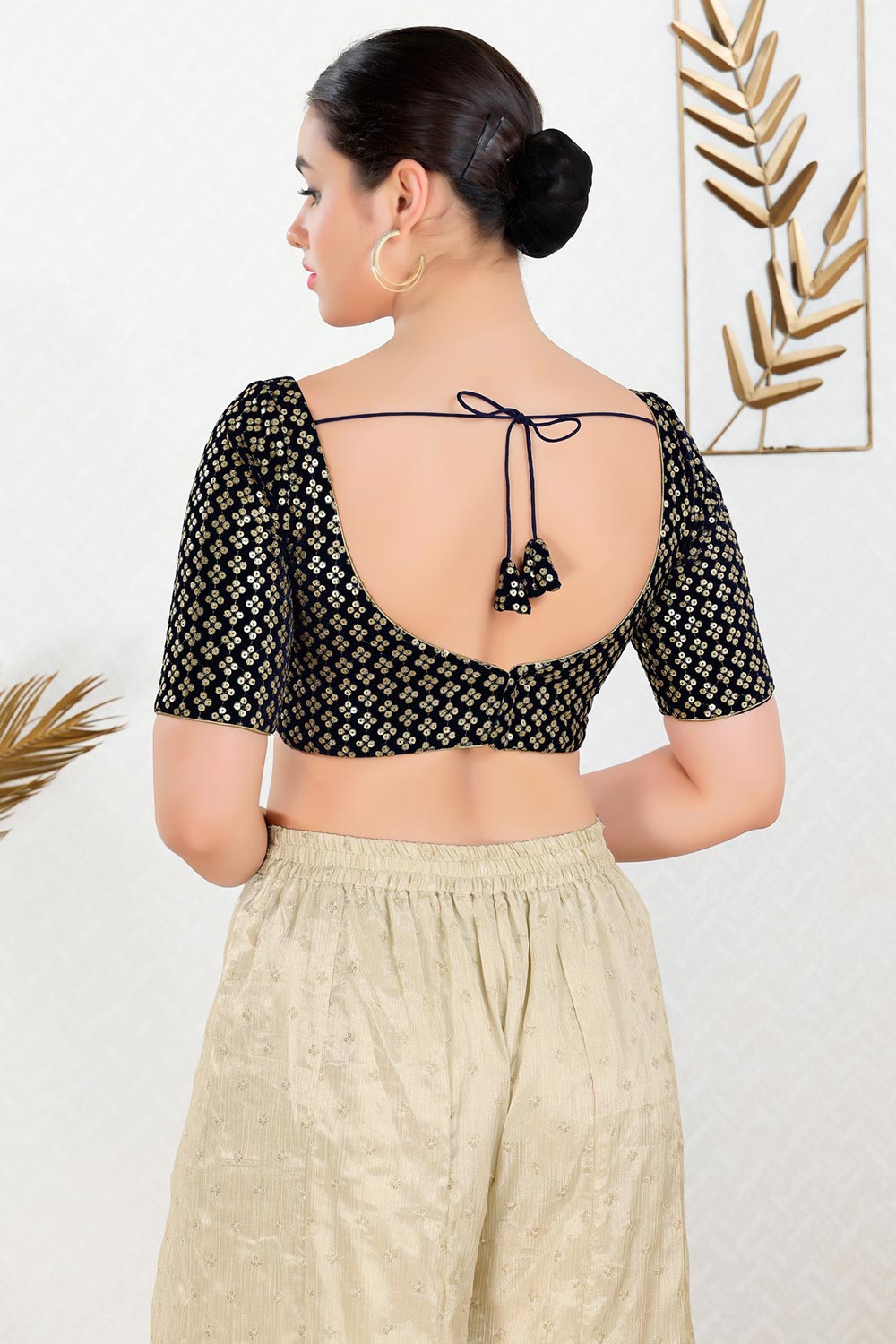 Black Velvet Embellished Short Sleeves Blouse