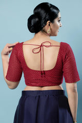 Red Net Embroidered Short Sleeves Blouse