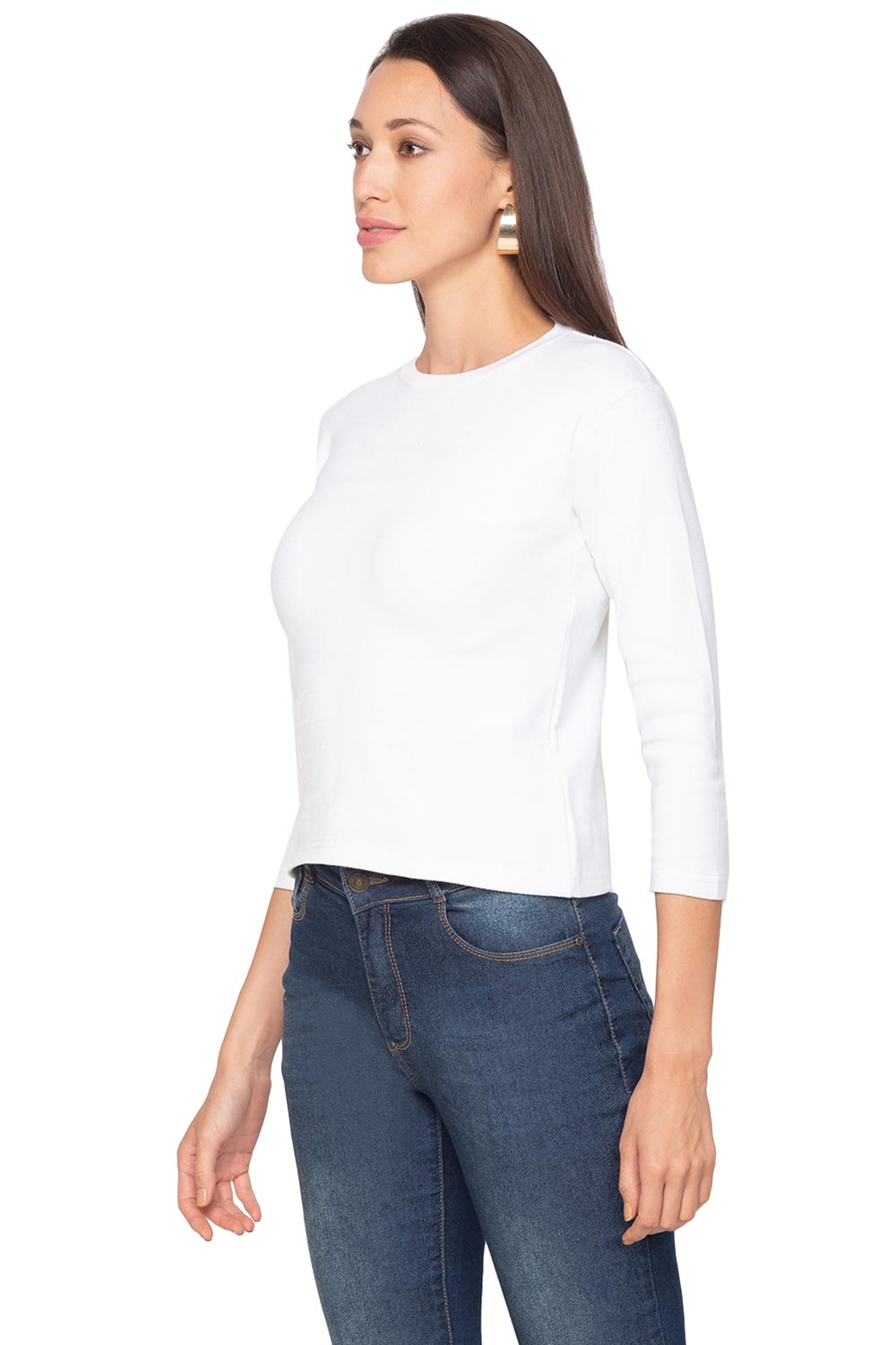 White Knitted Lycra  Solid Three-Quarter Sleeves Blouse