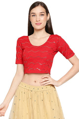 Red Cotton Lycra Solid Short Sleeves Blouse