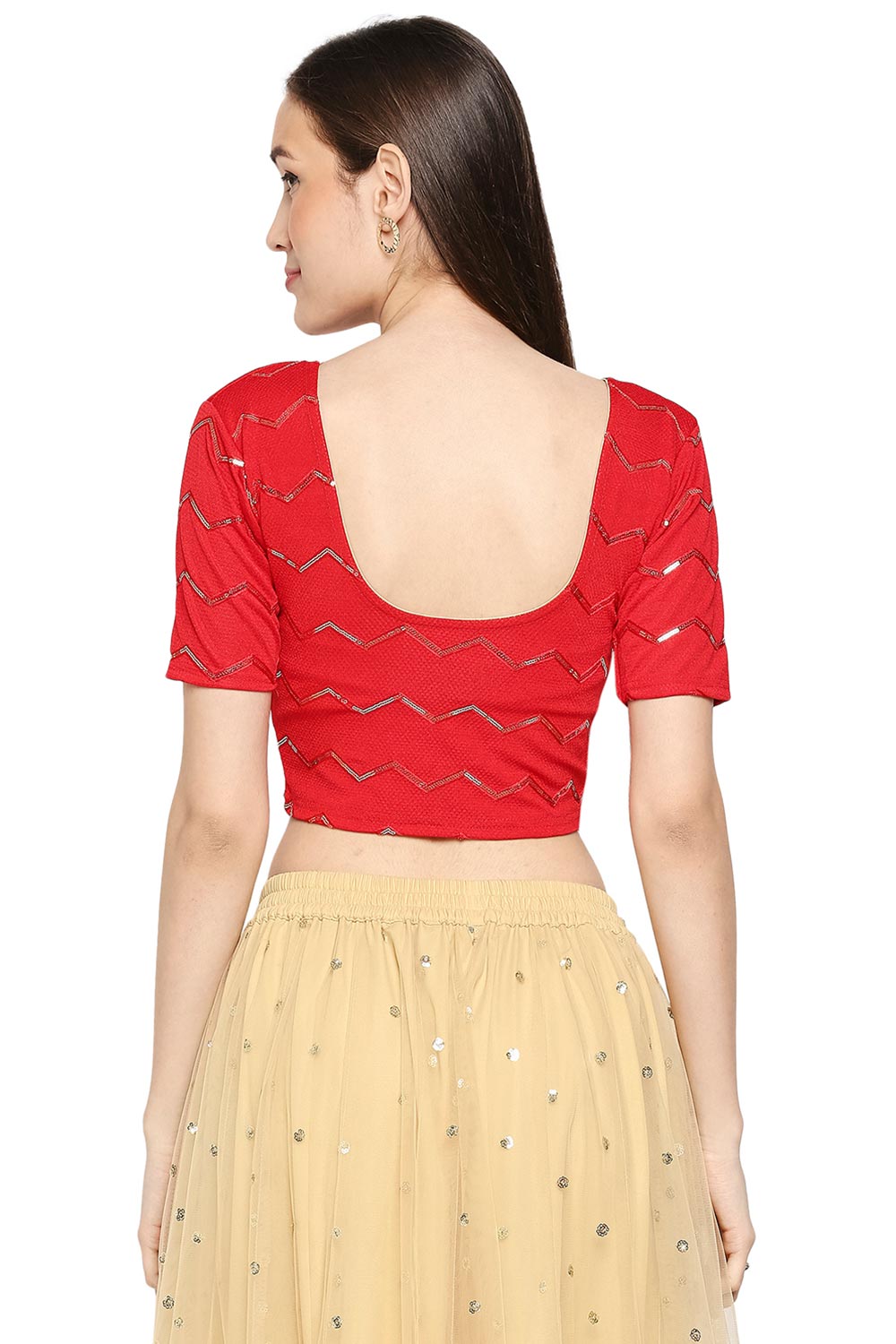 Red Cotton Lycra Solid Short Sleeves Blouse