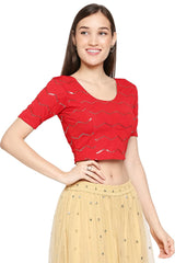 Red Cotton Lycra Solid Short Sleeves Blouse