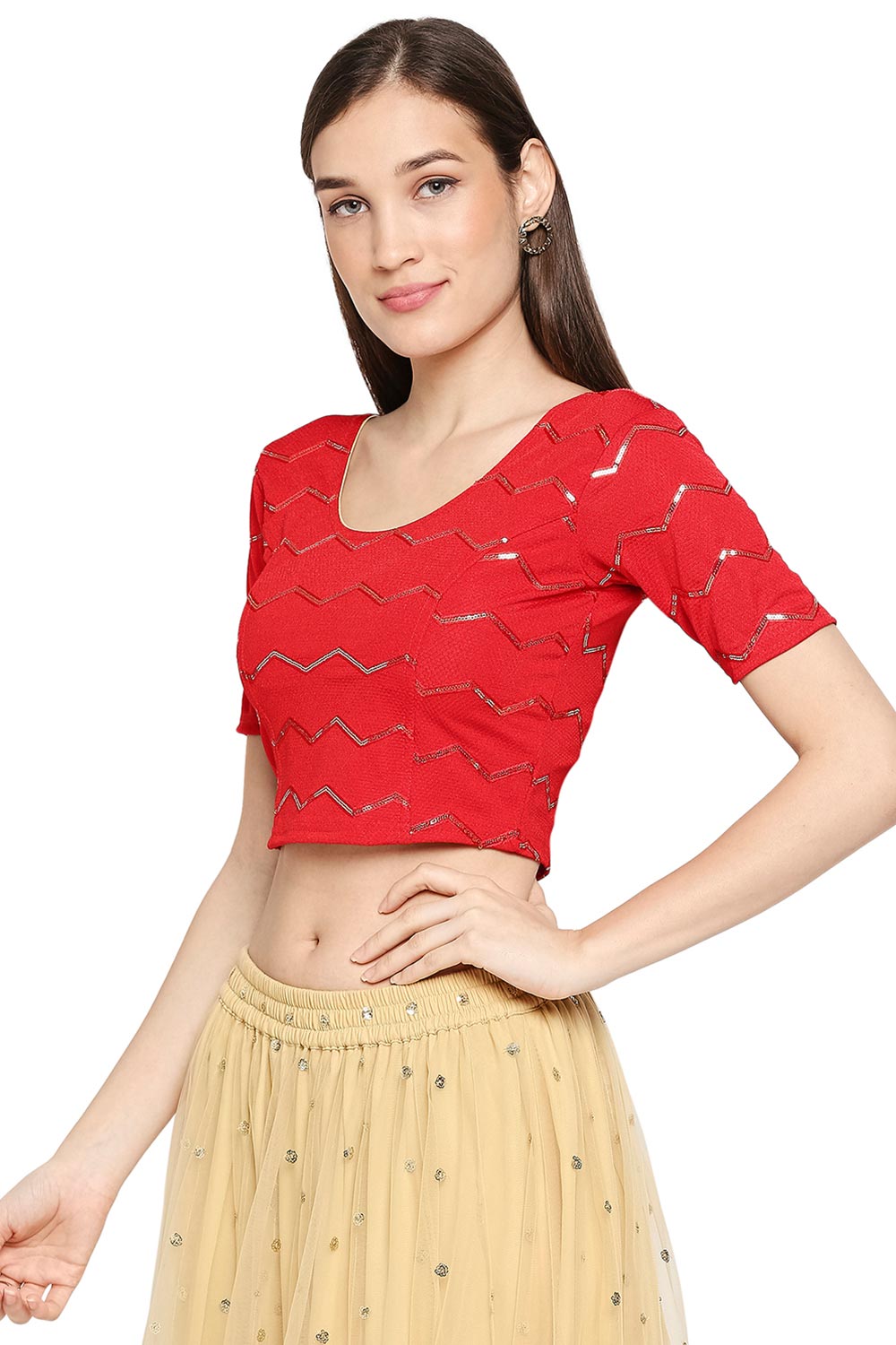 Red Cotton Lycra Solid Short Sleeves Blouse