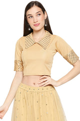 Gold Cotton Lycra Solid Short Sleeves Blouse