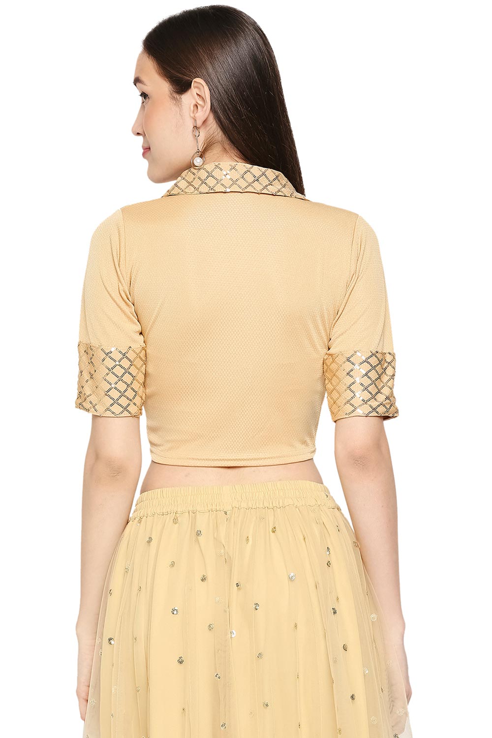 Gold Cotton Lycra Solid Short Sleeves Blouse