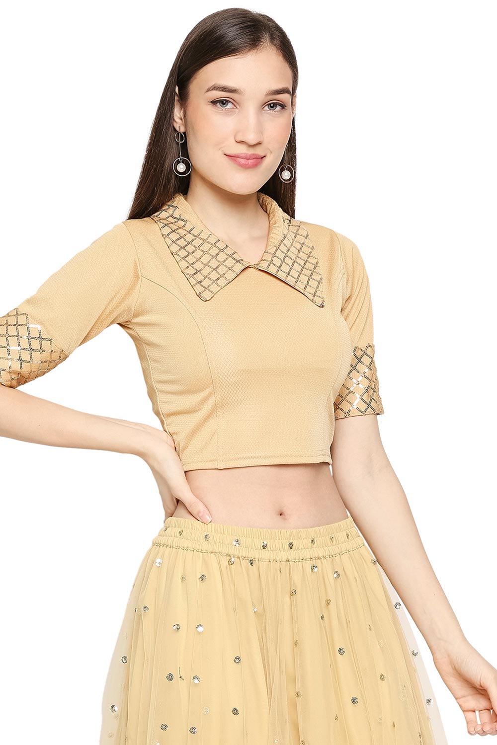 Gold Cotton Lycra Solid Short Sleeves Blouse