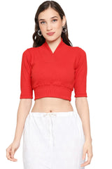 Red Knitted Cotton Lycra Solid Short Sleeves Blouse