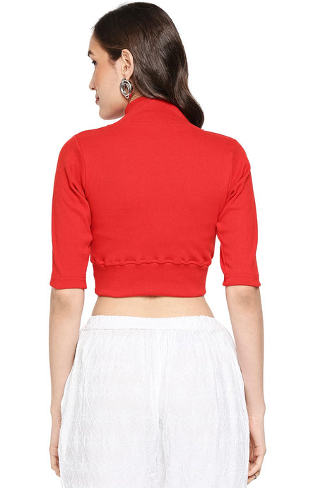 Red Knitted Cotton Lycra Solid Short Sleeves Blouse