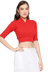 Red Knitted Cotton Lycra Solid Short Sleeves Blouse