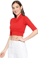 Red Knitted Cotton Lycra Solid Short Sleeves Blouse