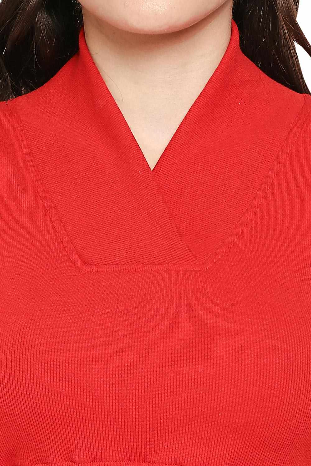 Red Knitted Cotton Lycra Solid Short Sleeves Blouse