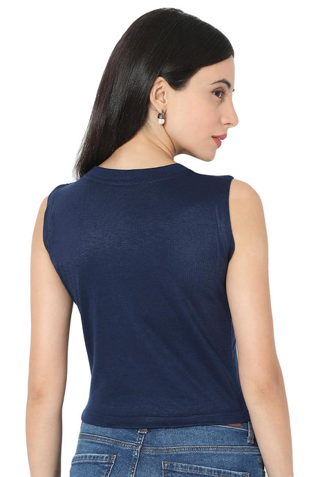 Navy Blue Cotton Lycra Solid Sleeveless Blouse