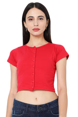 Red Cotton Lycra Solid Short Sleeves Blouse