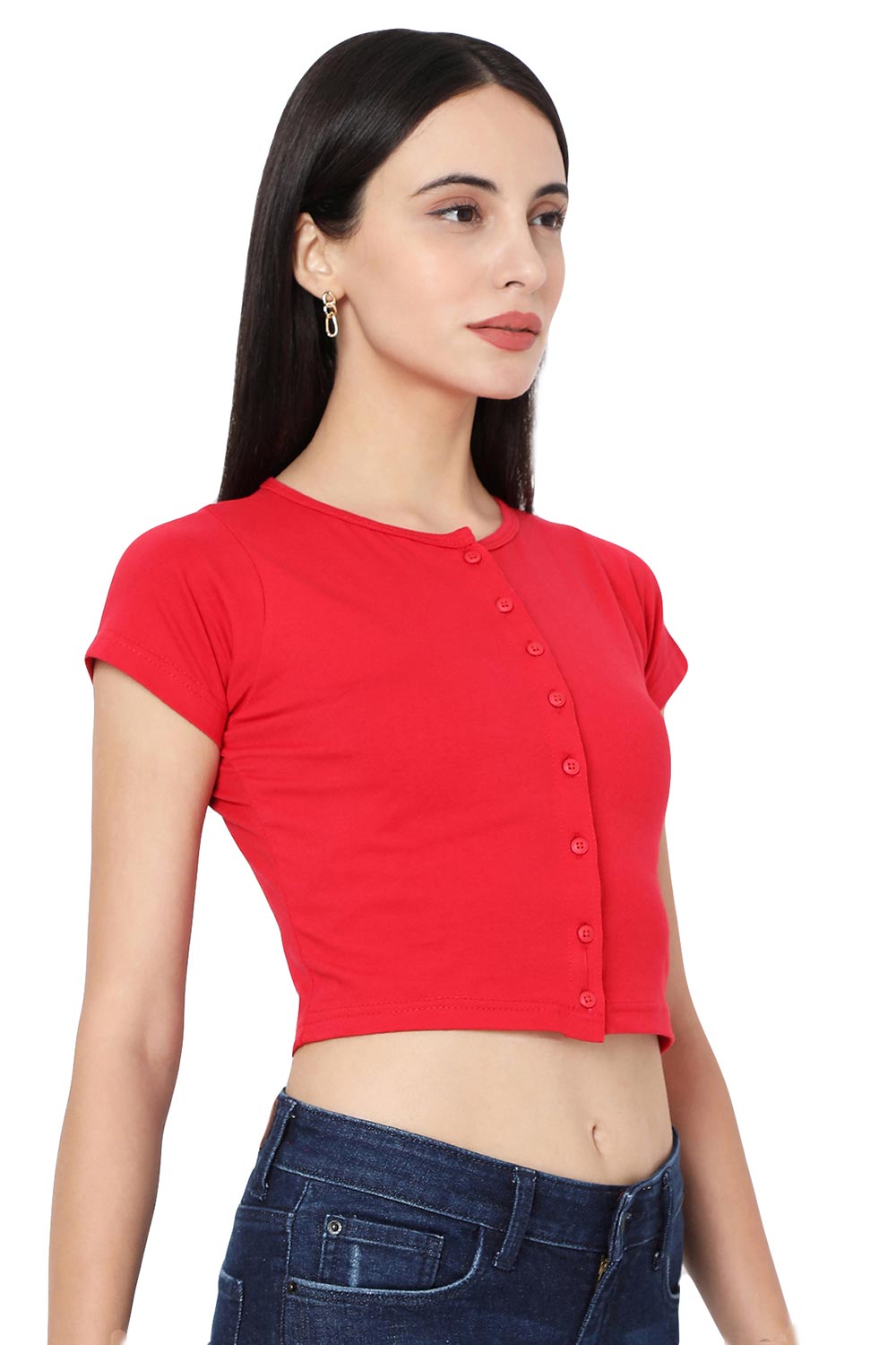 Red Cotton Lycra Solid Short Sleeves Blouse