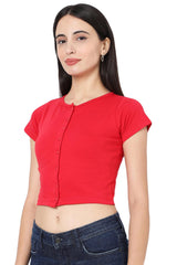 Red Cotton Lycra Solid Short Sleeves Blouse