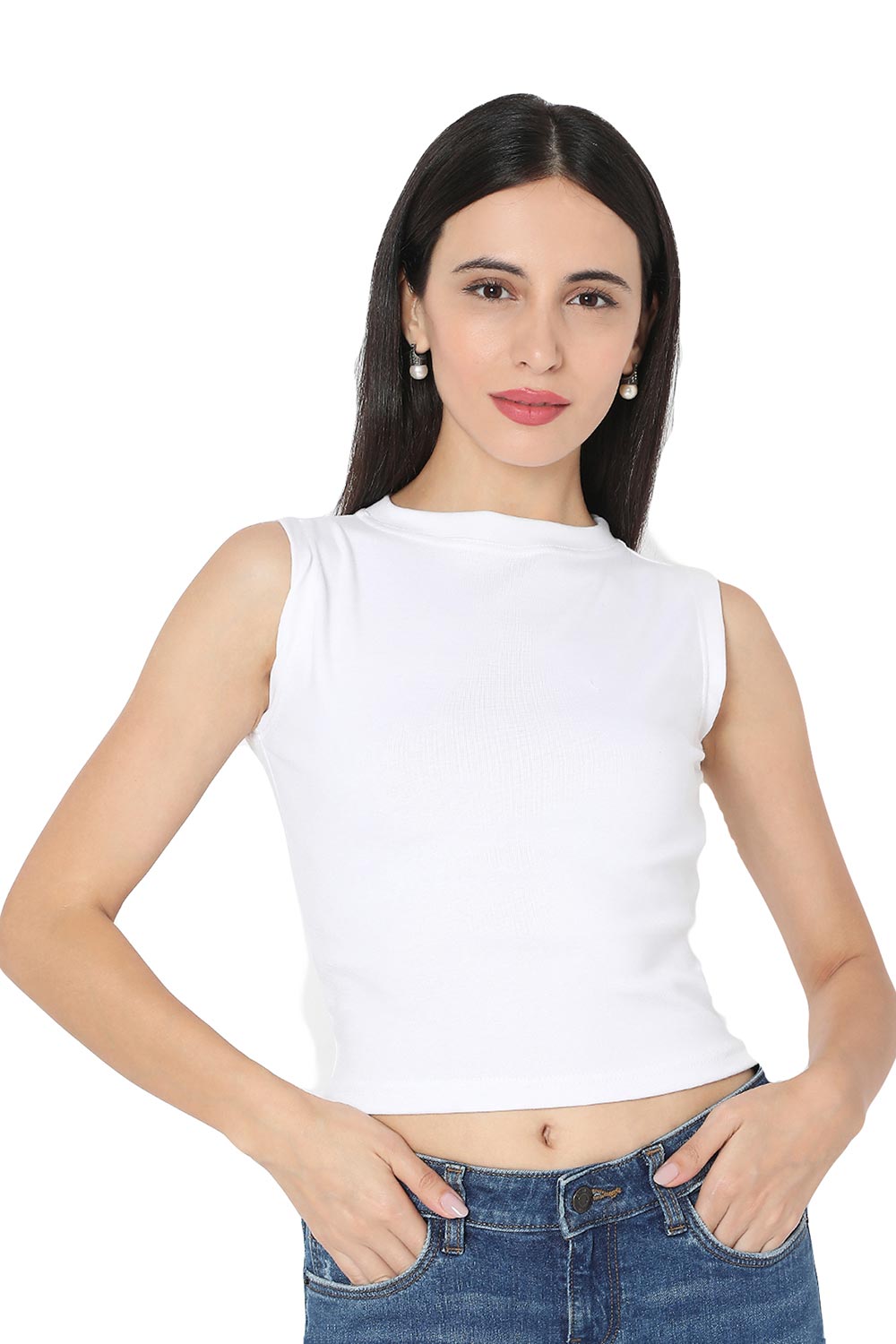 White Cotton Lycra Solid Sleeveless Blouse