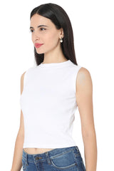 White Cotton Lycra Solid Sleeveless Blouse